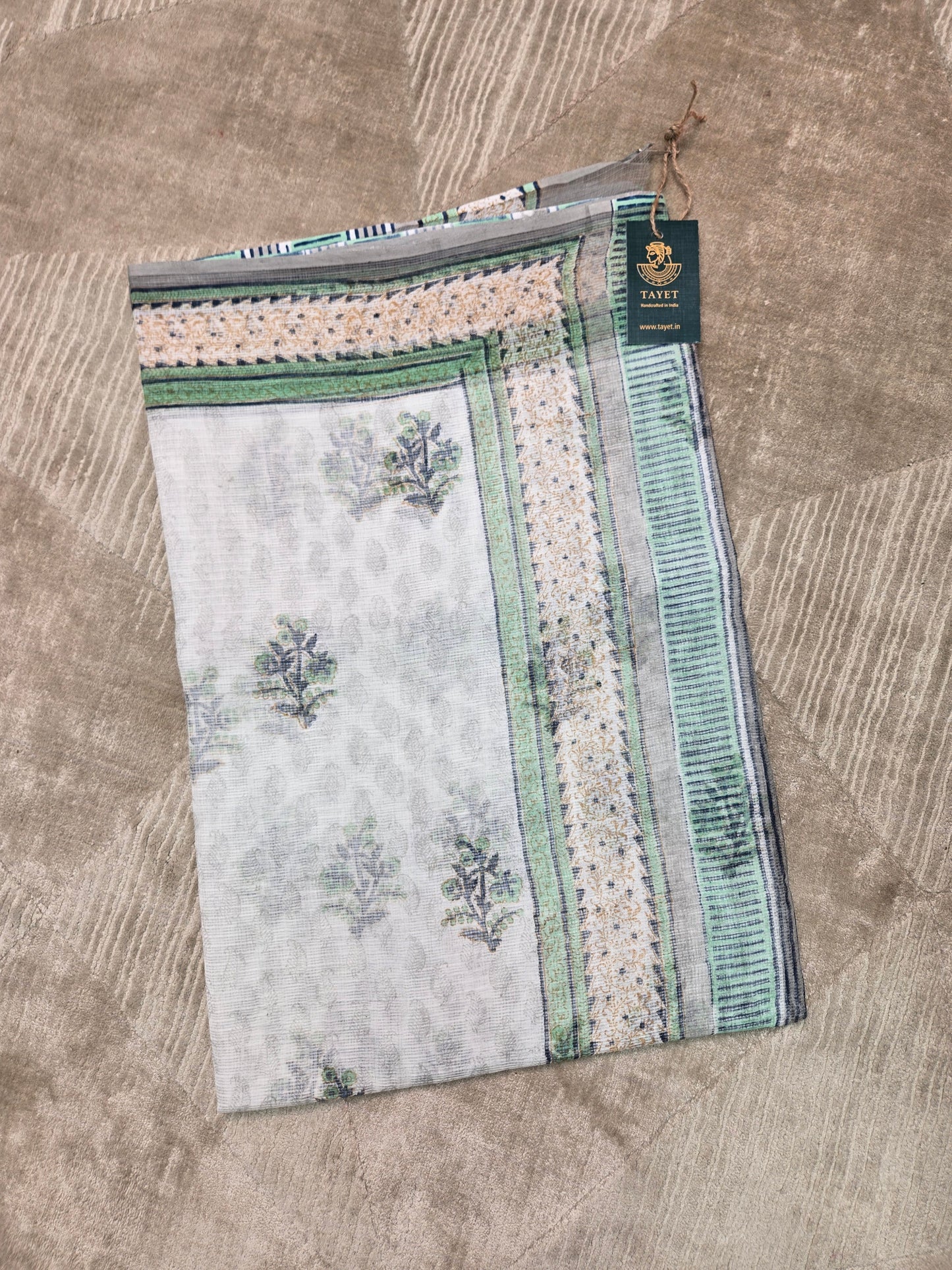 WHITE GREEN HANDBLOCK KOTA DORIYA SAREE