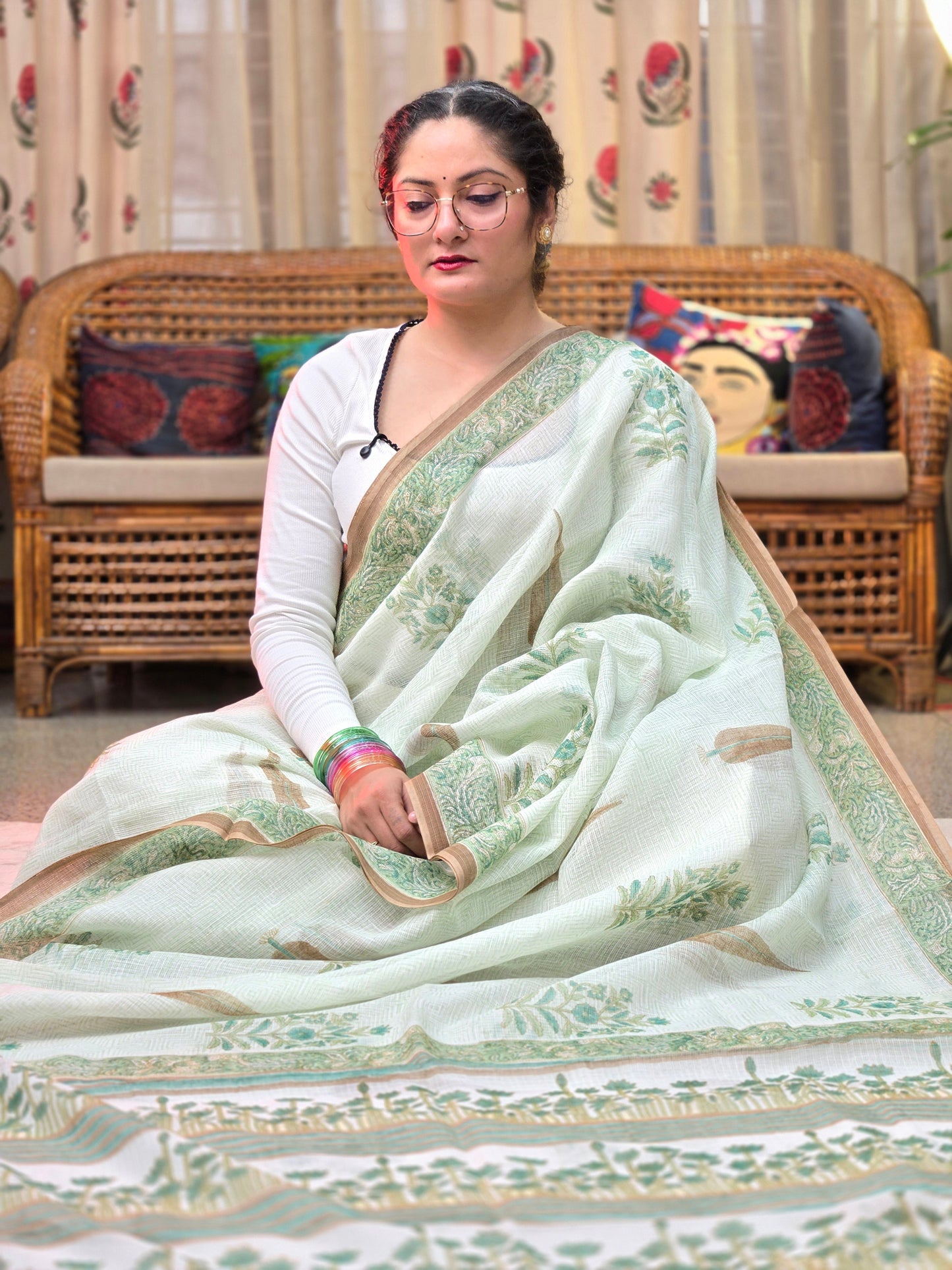WHITE GREEN HANDBLOCK KOTA DORIYA SAREE