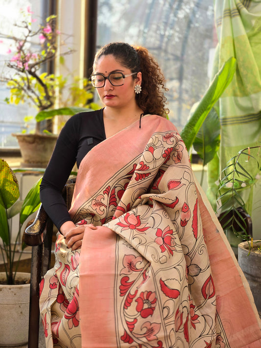 Beige Pink Silk Kalamkari Saree