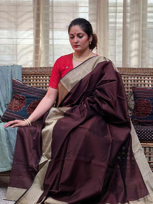 Brown Silk Cotton Maheshwari Saree