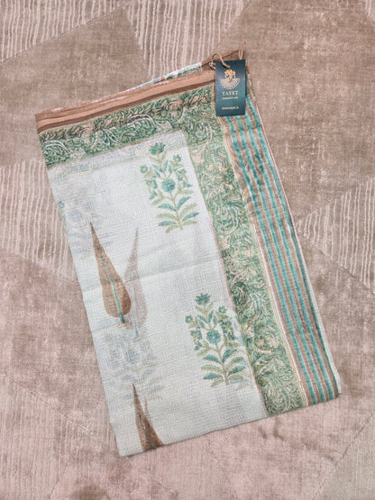 WHITE GREEN HANDBLOCK KOTA DORIYA SAREE