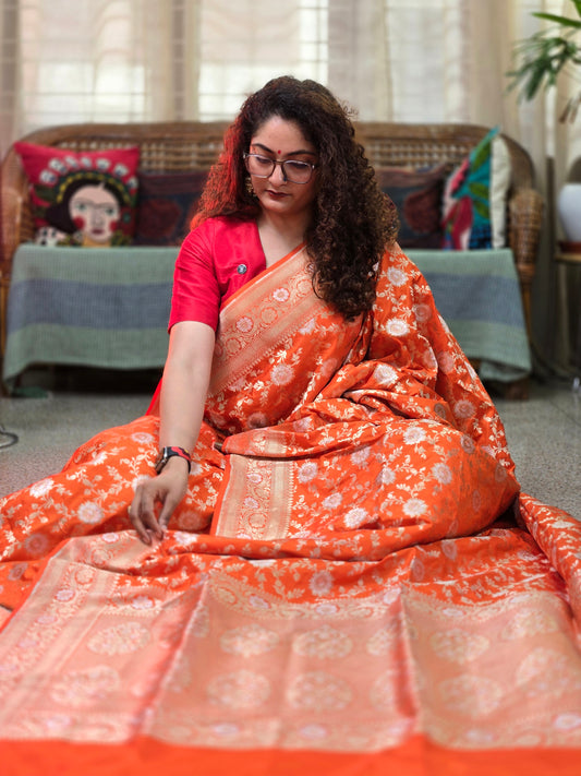 Orange Banarasi Handloom Silk Saree