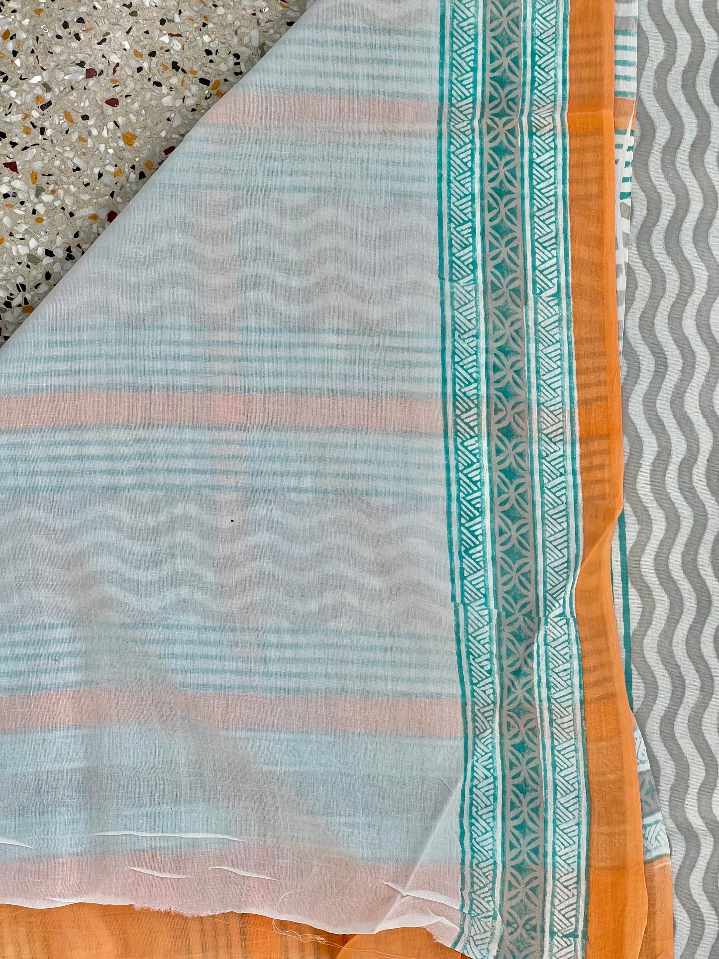 White Peach Printed Cotton Saree