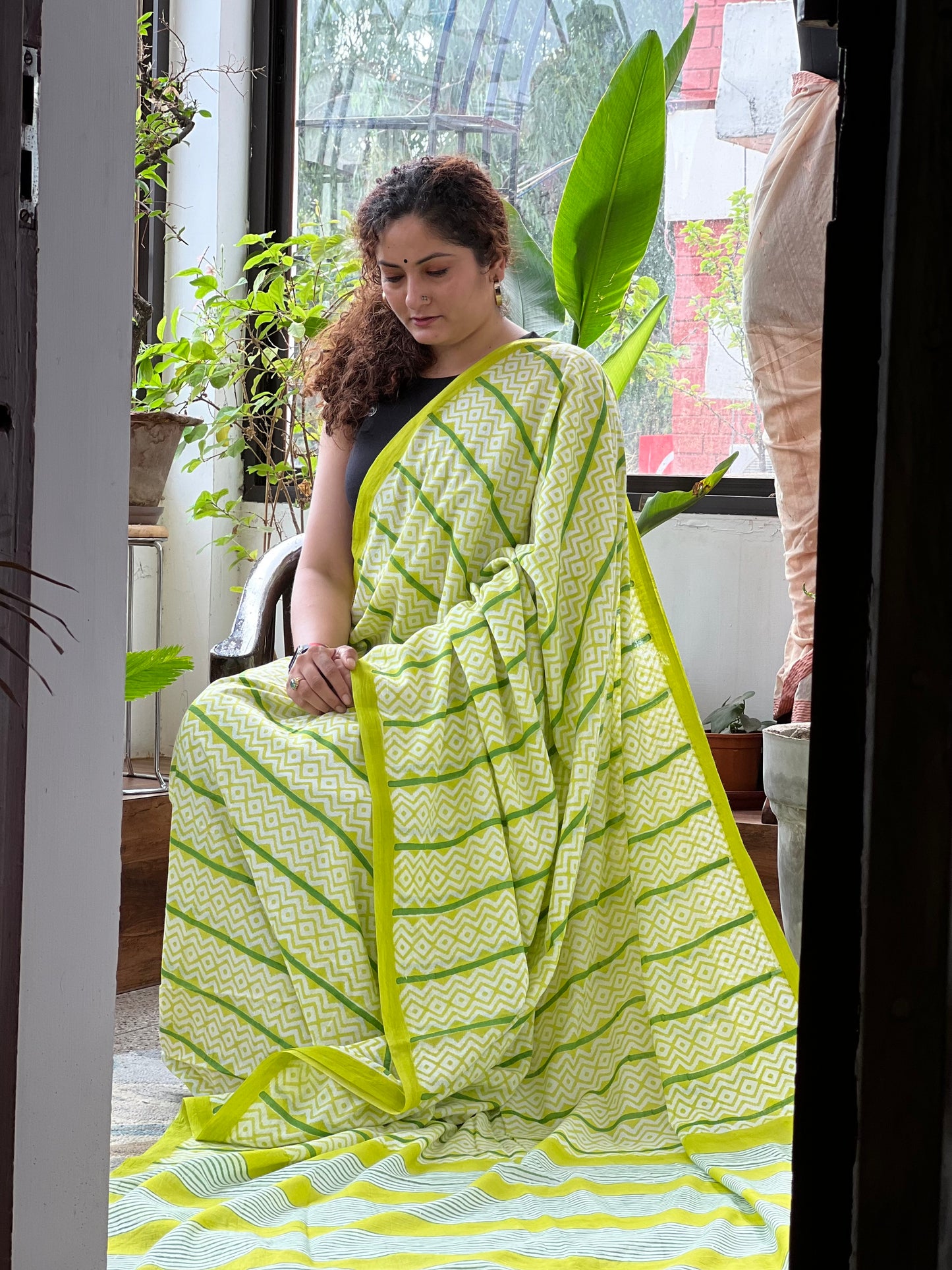 Green Printed Cotton Saree