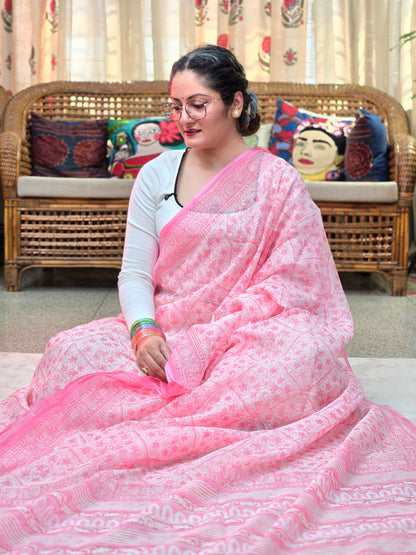 PINK HANDBLOCK KOTA DORIYA SAREE