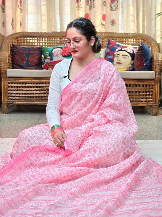 PINK HANDBLOCK KOTA DORIYA SAREE