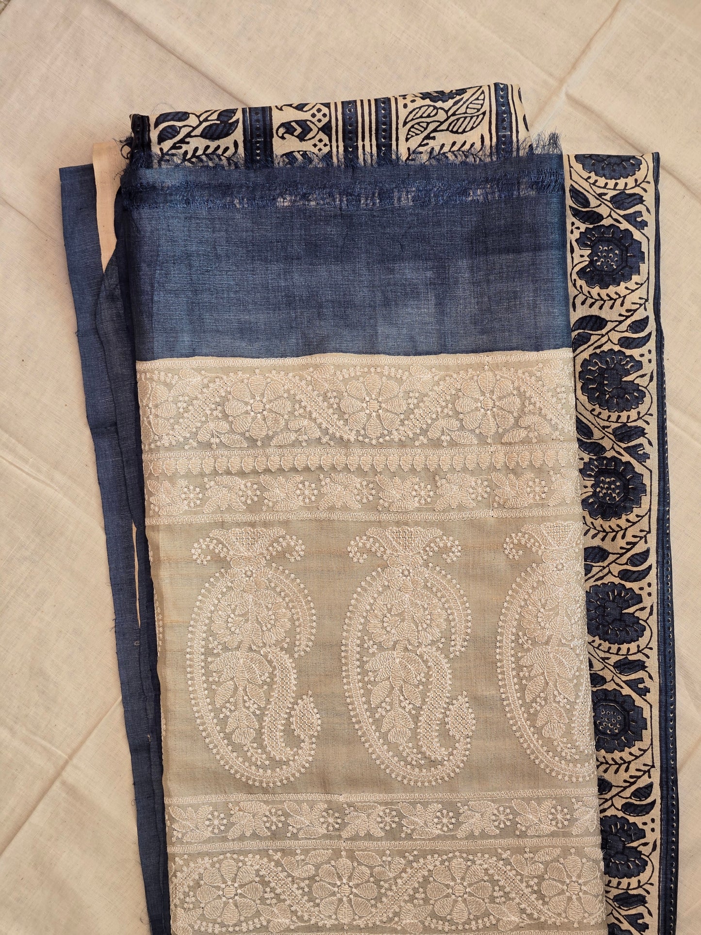 Blue Printed Tussar Saree