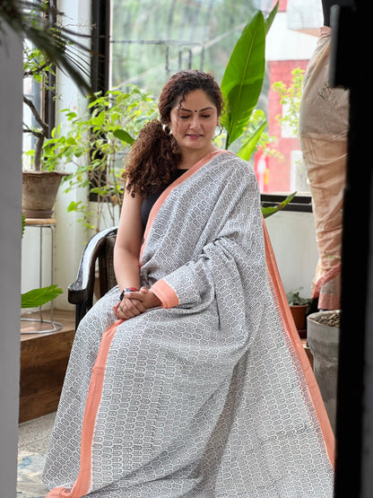 White Grey Printed Cotton Saree