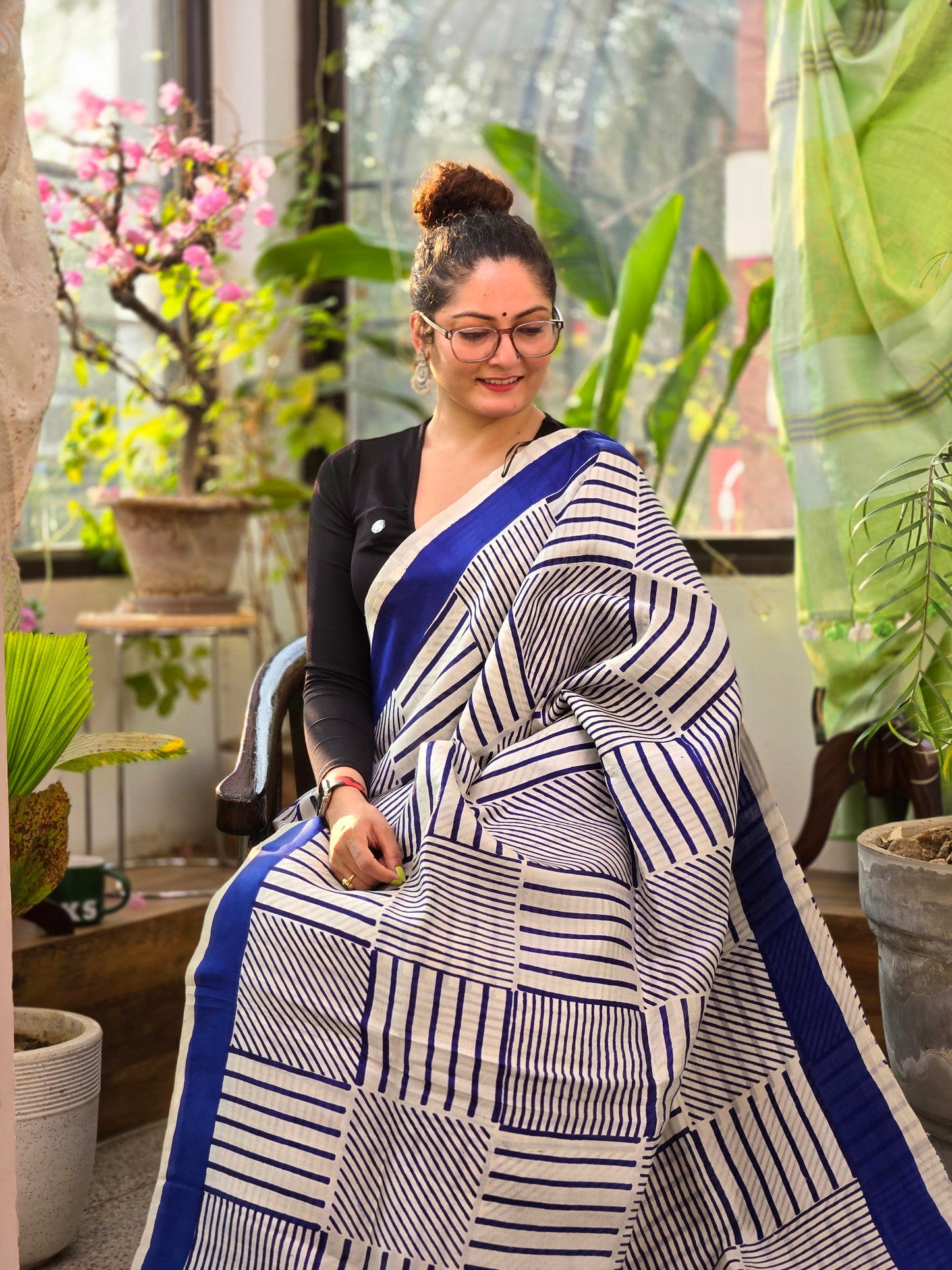 White Blue Printed Saree