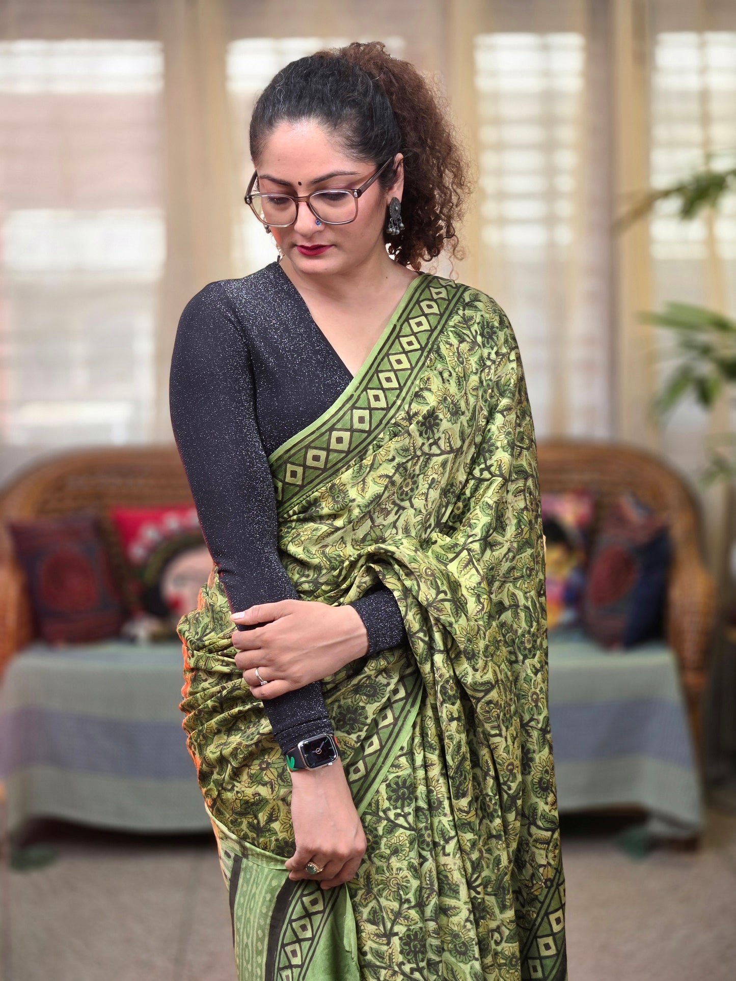 Green Handblock Printed Modal Silk Saree