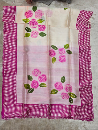 White Pink Printed Silk Saree