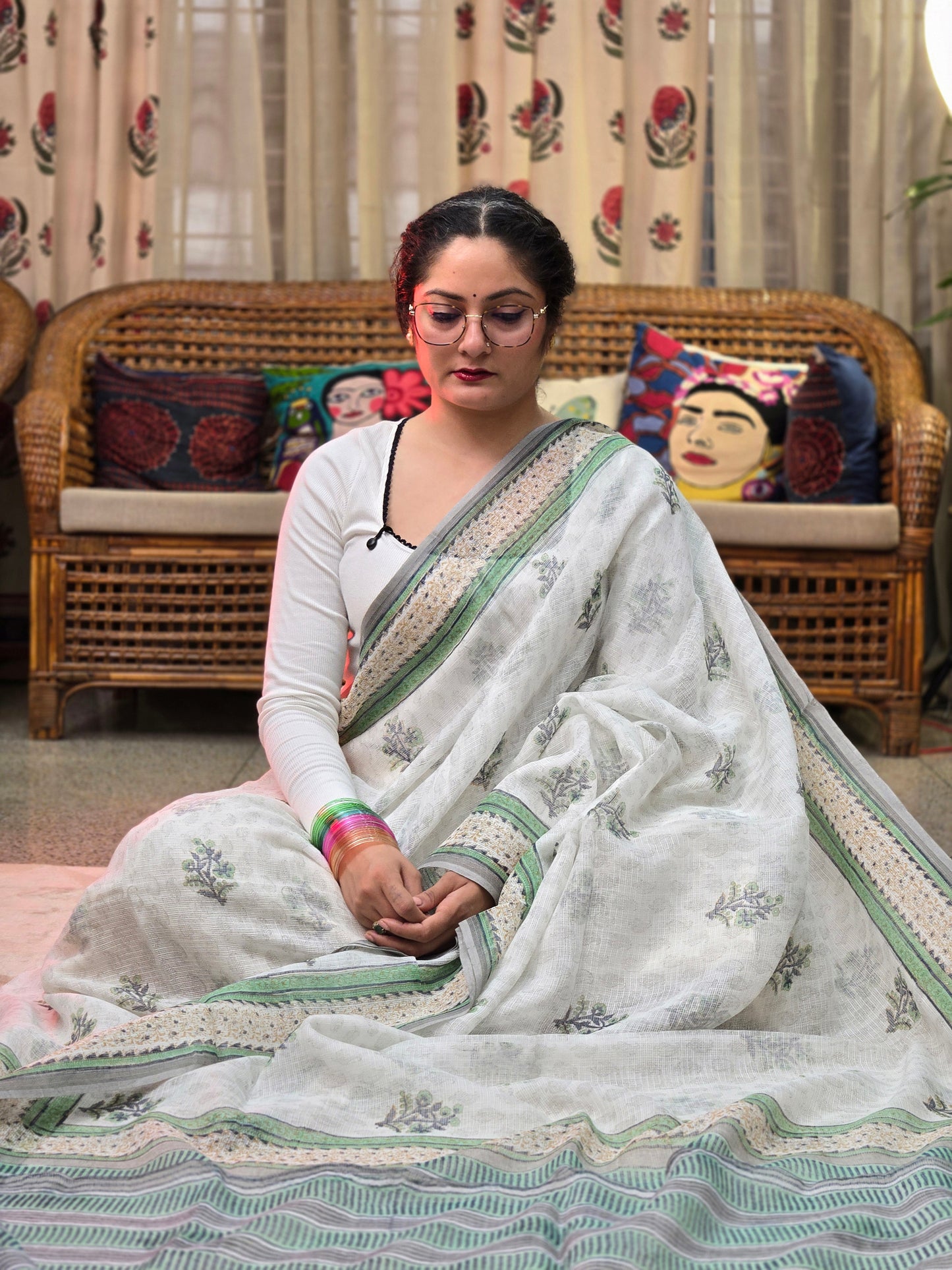 WHITE GREEN HANDBLOCK KOTA DORIYA SAREE