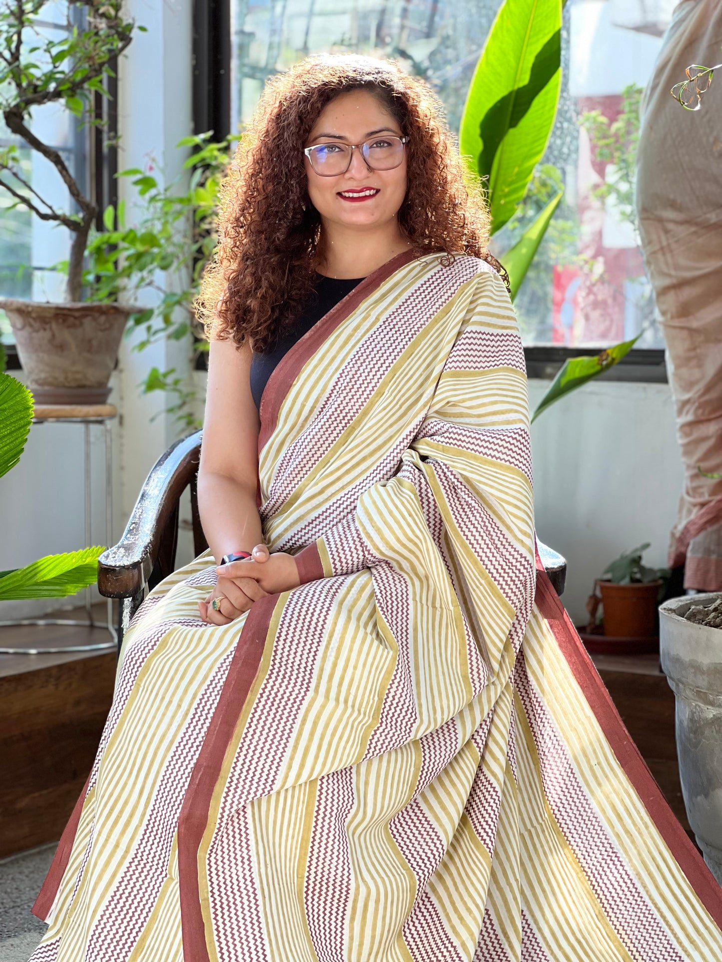 Olive Brown Printed Cotton Saree