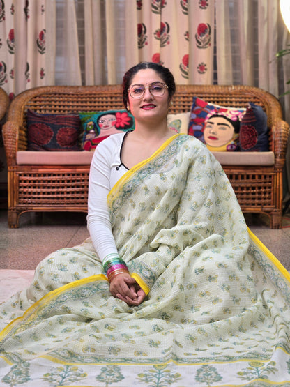 WHITE YELLOW HANDBLOCK KOTA DORIYA SAREE