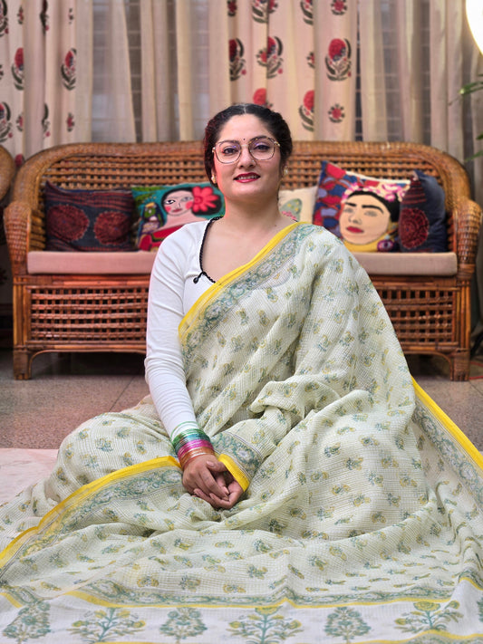 WHITE YELLOW HANDBLOCK KOTA DORIYA SAREE