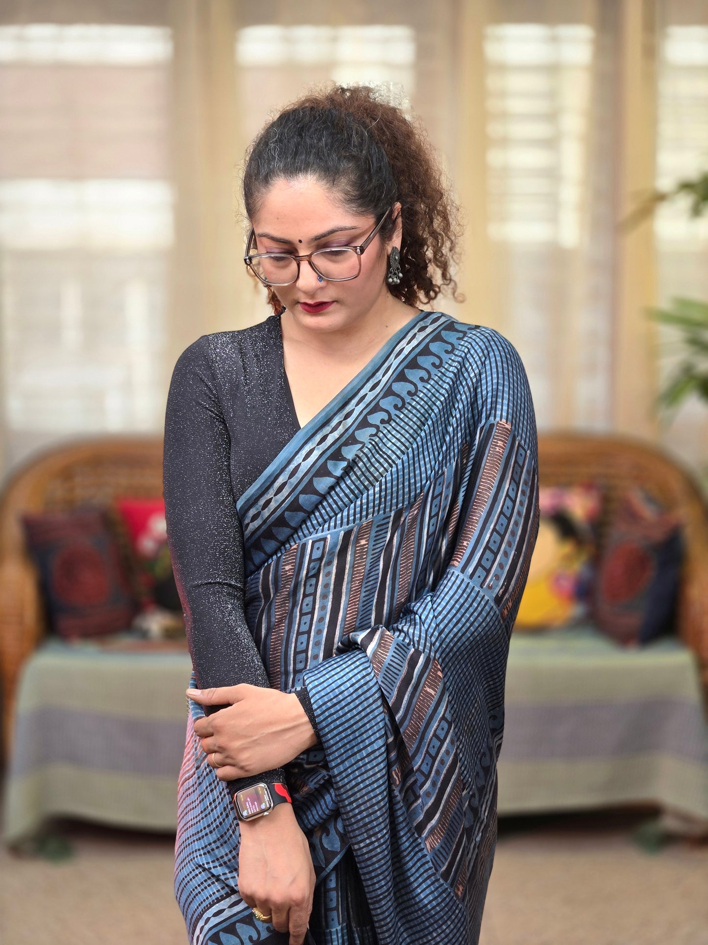 Indigo Printed Modal Silk Saree