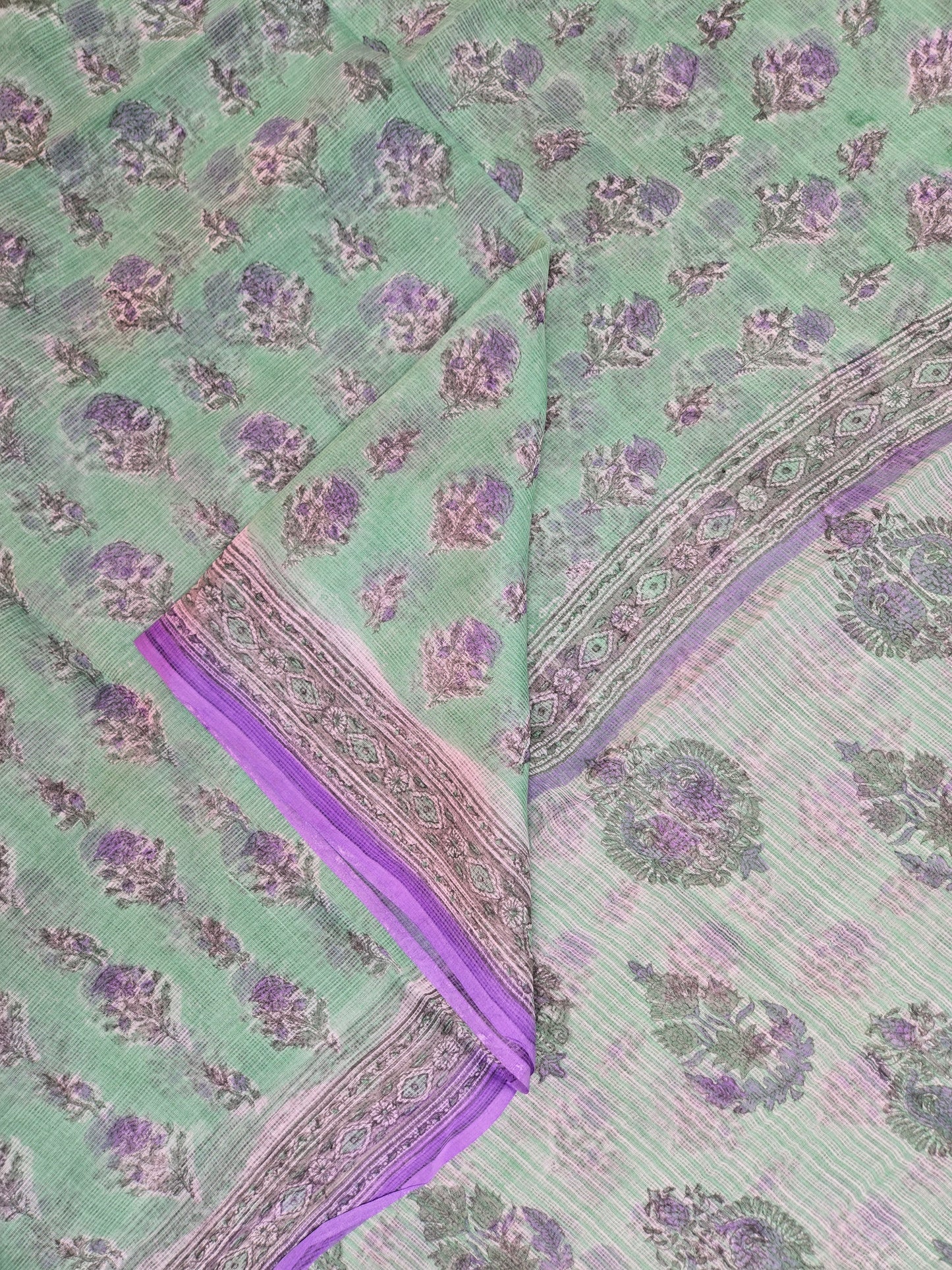 GREEN LILAC HANDBLOCK KOTA DORIYA SAREE