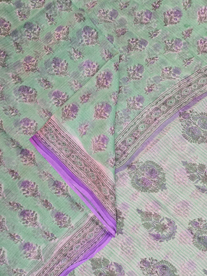 GREEN LILAC HANDBLOCK KOTA DORIYA SAREE