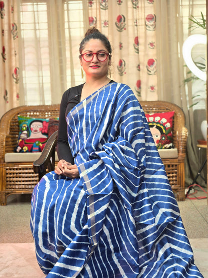 BLUE TIE AND DYE LEHARIYA SILK COTTON SAREE