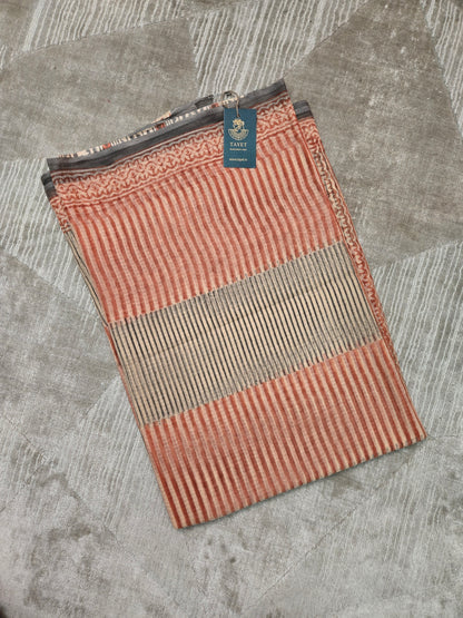 PEACH BEIGE HANDBLOCK KOTA DORIYA SAREE