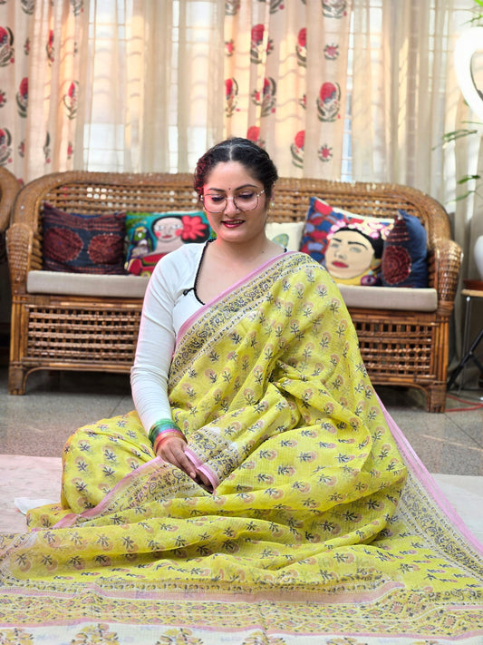 YELLOW HANDBLOCK KOTA DORIYA SAREE