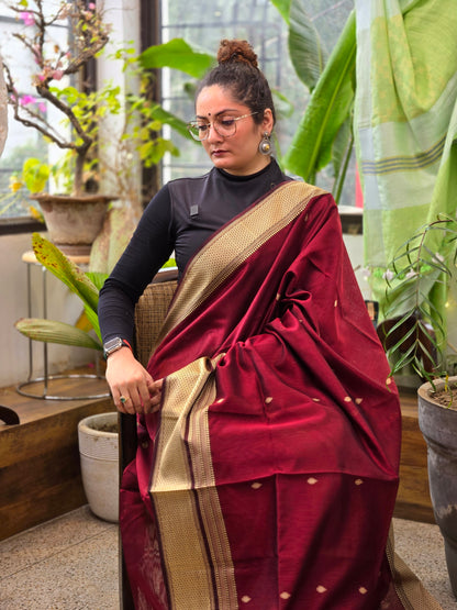 Maroon Silk Cotton Maheshwari Saree