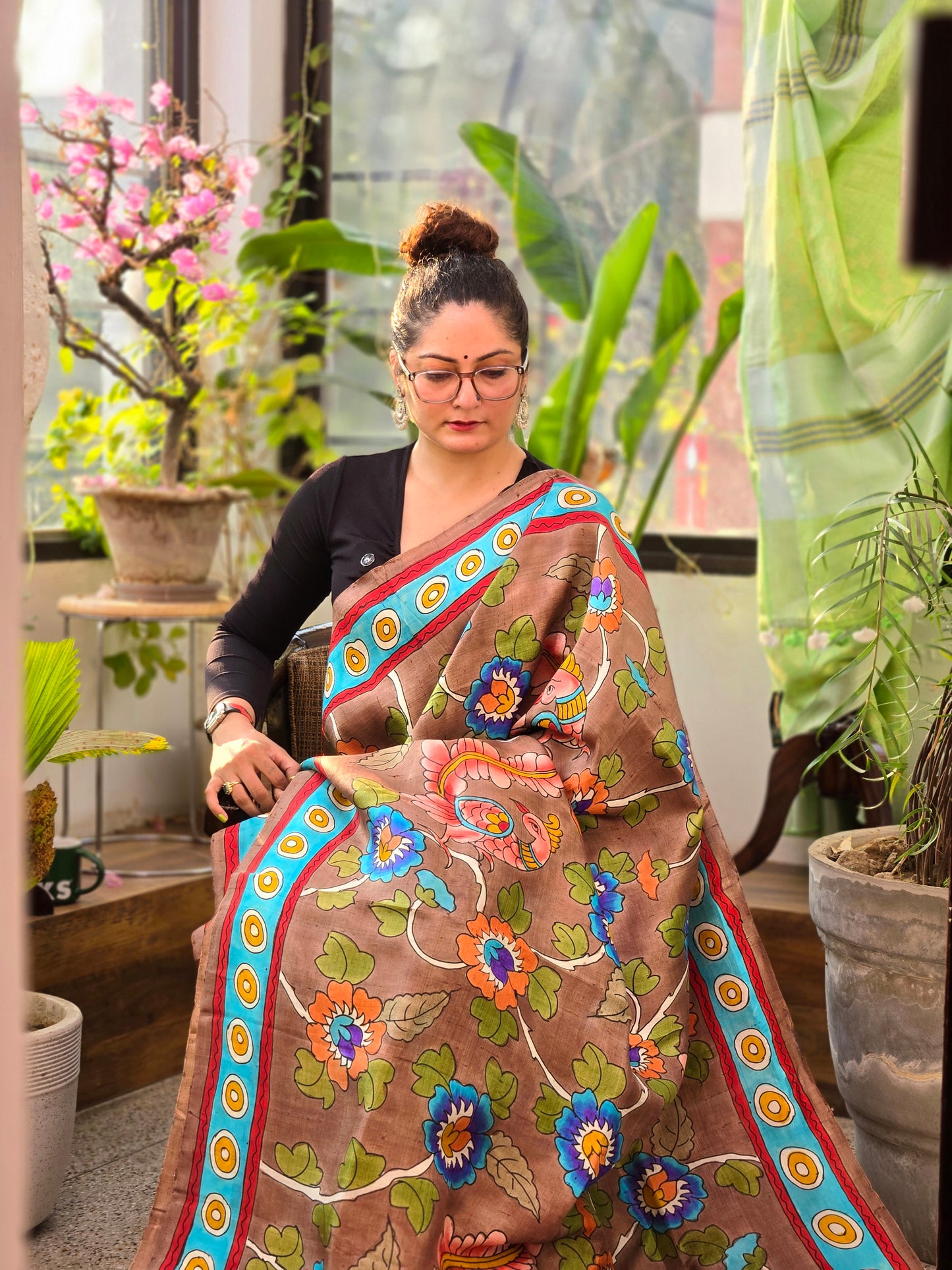 Brown Printed Pure Silk Saree