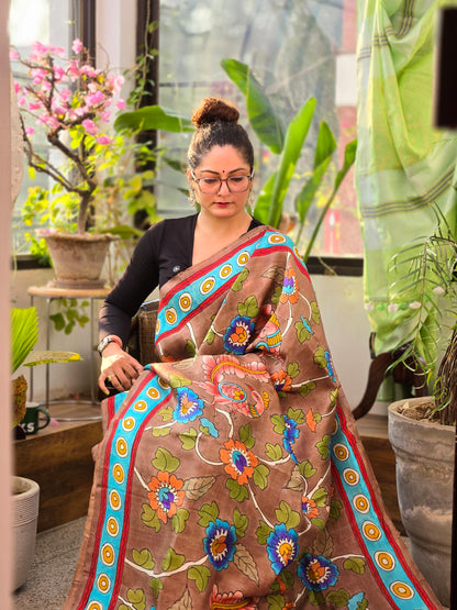 Brown Printed Pure Silk Saree