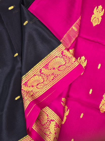 Black Pink Mysore Crepe Silk Saree