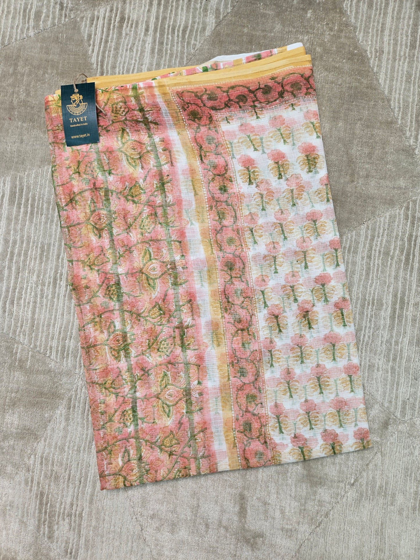 WHITE PEACH HANDBLOCK KOTA DORIYA SAREE