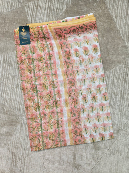 WHITE PEACH HANDBLOCK KOTA DORIYA SAREE