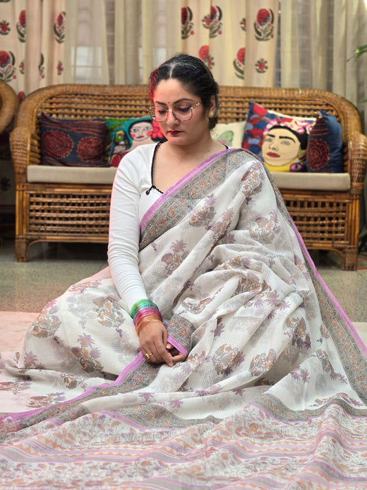 WHITE LAVENDER HANDBLOCK KOTA DORIYA SAREE