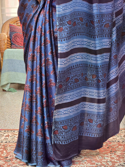 Indigo Printed Modal Silk Saree