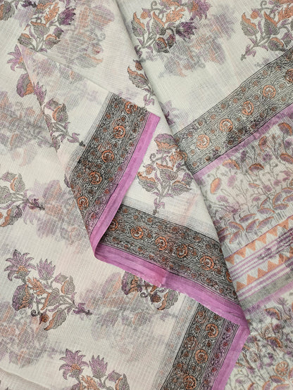 WHITE LAVENDER HANDBLOCK KOTA DORIYA SAREE