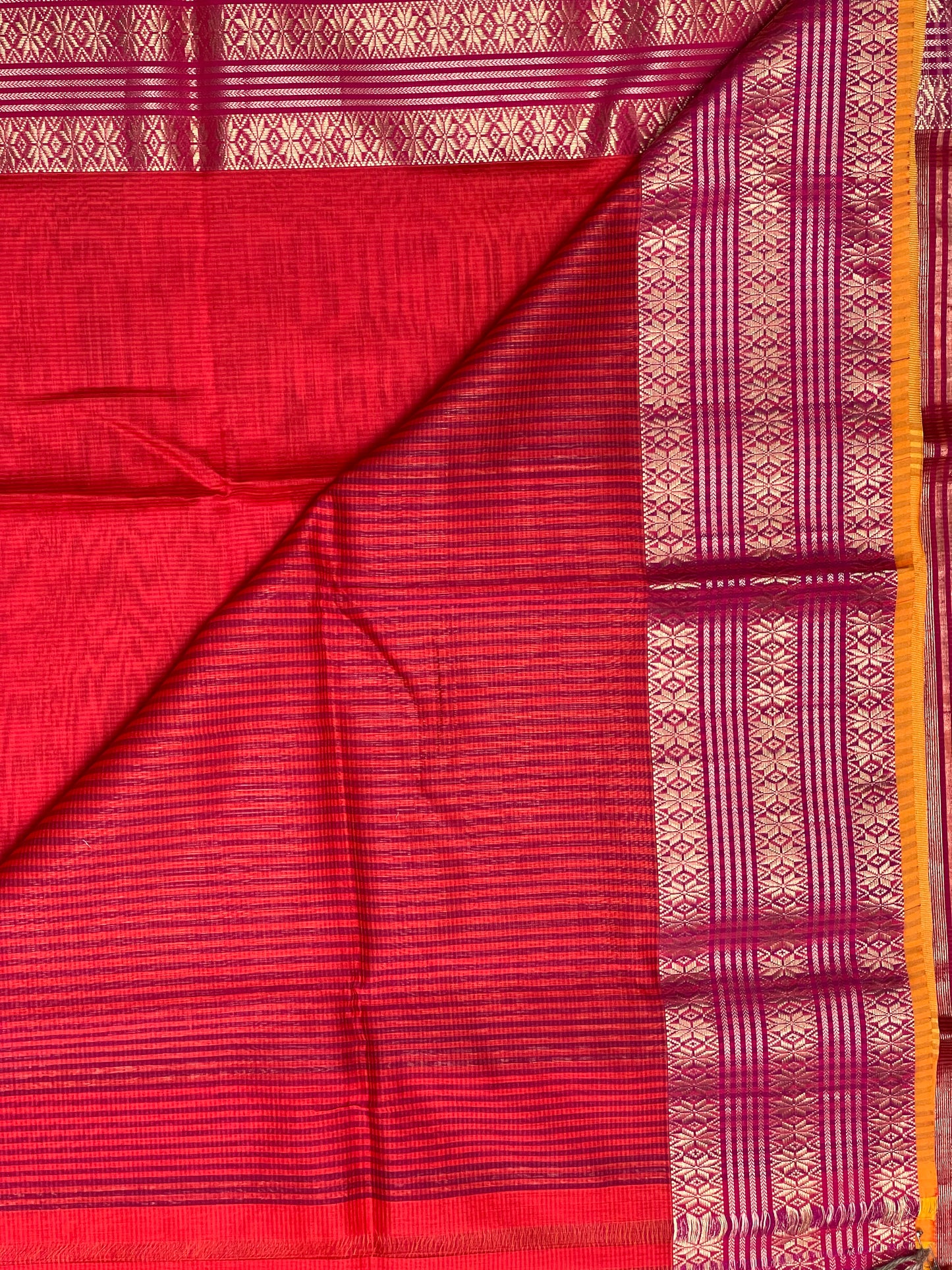 Coral Red Silk Cotton Maheshwari Saree