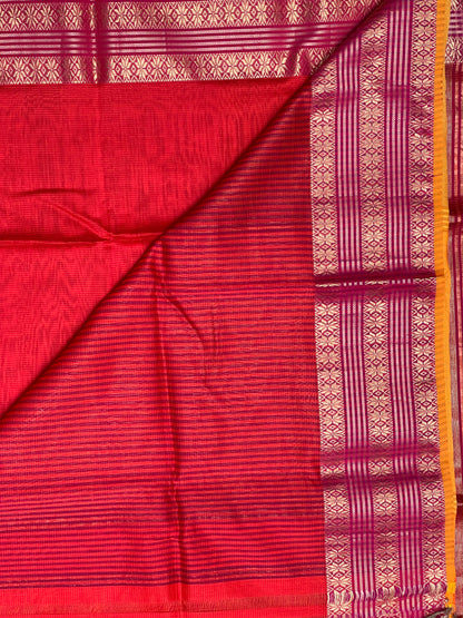 Coral Red Silk Cotton Maheshwari Saree