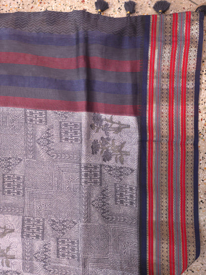 Grey Printed Silk Cotton Saree 3