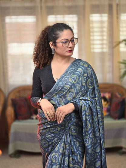 Indigo Printed Modal Silk Saree