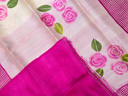 White Pink Printed Silk Saree