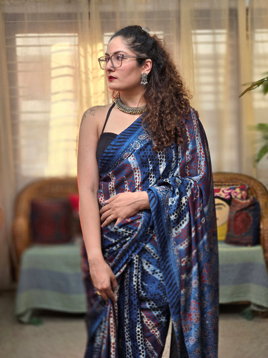 Indigo Printed Modak Silk Saree