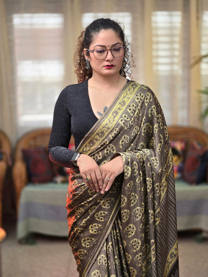 Golden Beige Printed Modal Silk Saree