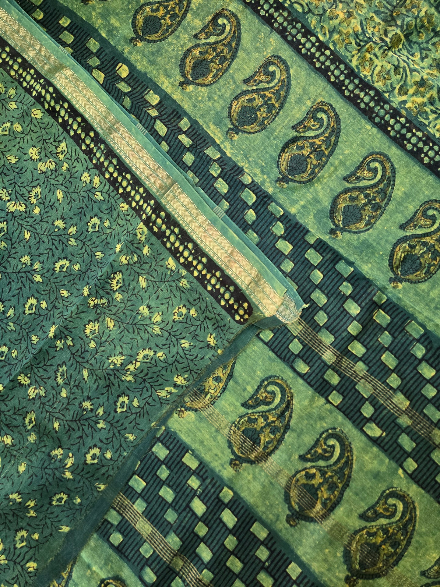 GREEN HANDBLOCK SILK COTTON SAREE