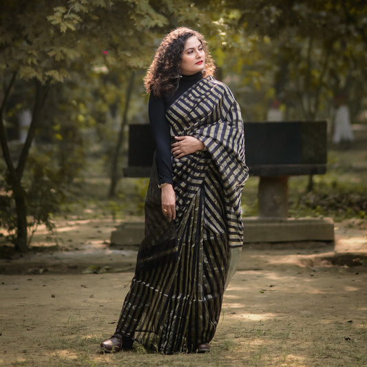 Black Gold and Silver Zari Stripes Maheshwari Cotton Silk