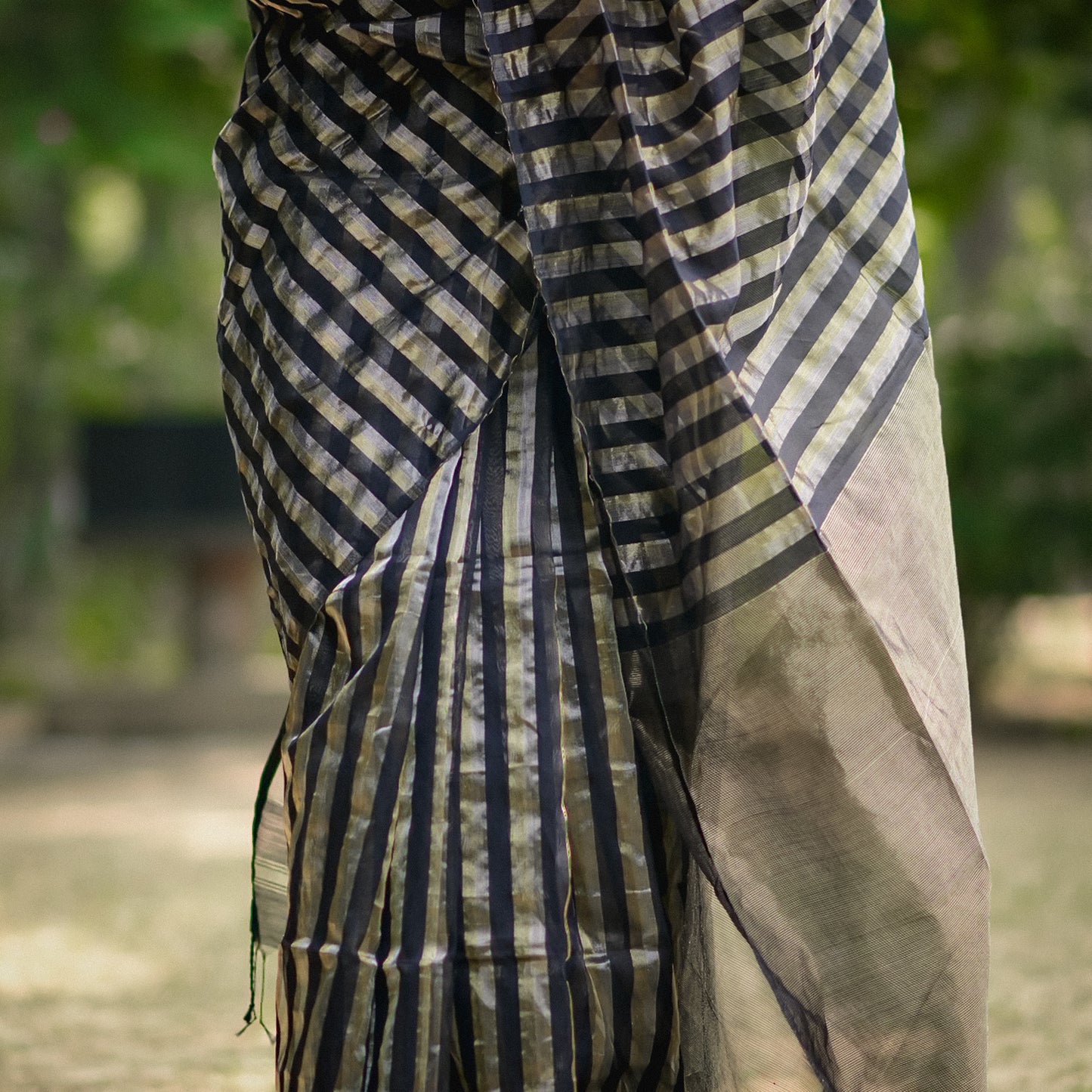 Black Gold and Silver Zari Stripes Maheshwari Cotton Silk