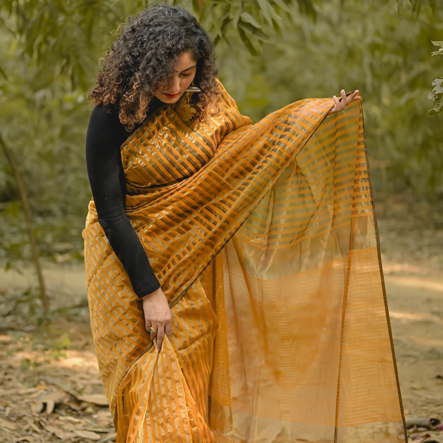 Yellow Gold Zari Stripes Maheshwari Cotton Silk