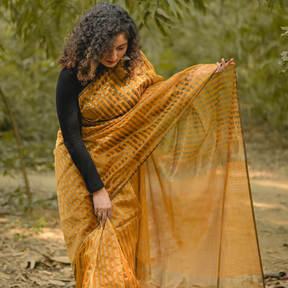 Yellow Gold Zari Stripes Maheshwari Cotton Silk