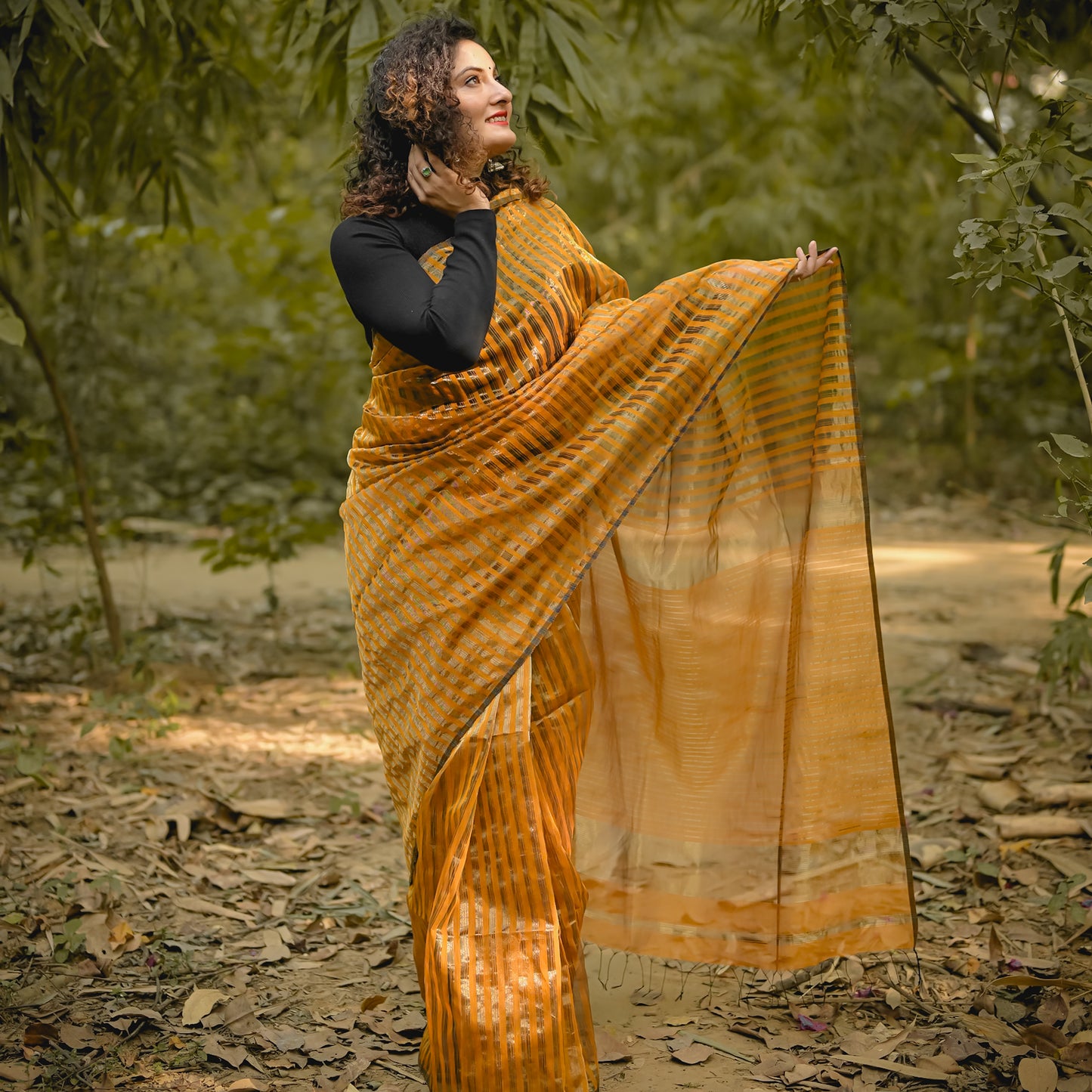 Yellow Gold Zari Stripes Maheshwari Cotton Silk