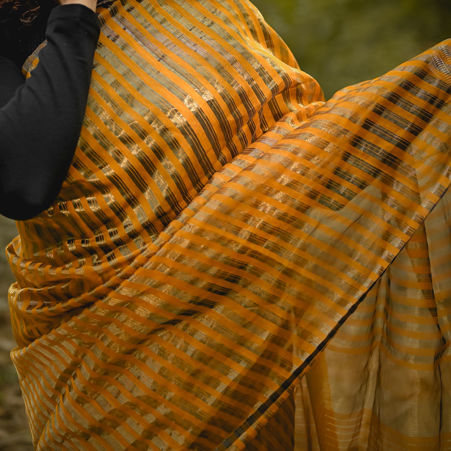 Yellow Gold Zari Stripes Maheshwari Cotton Silk