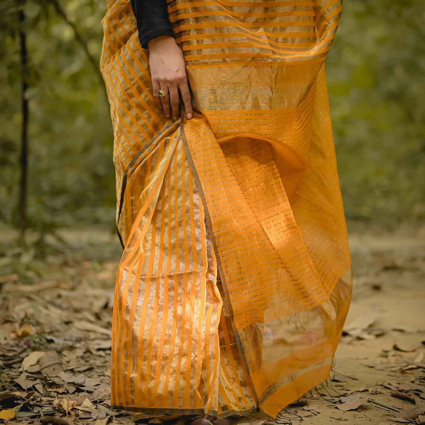 Yellow Gold Zari Stripes Maheshwari Cotton Silk