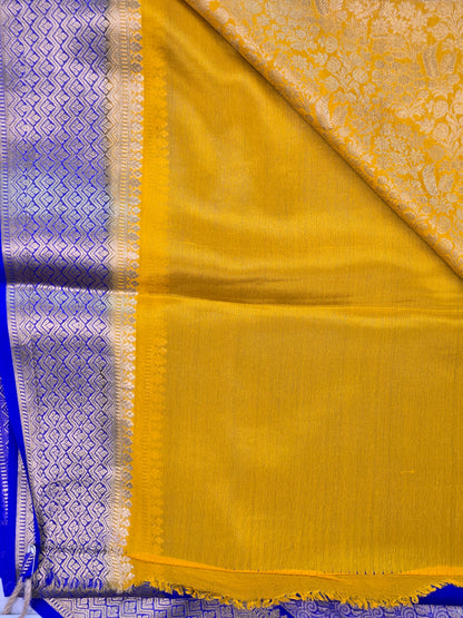 Yellow Blue Mysore Crepe Silk Saree